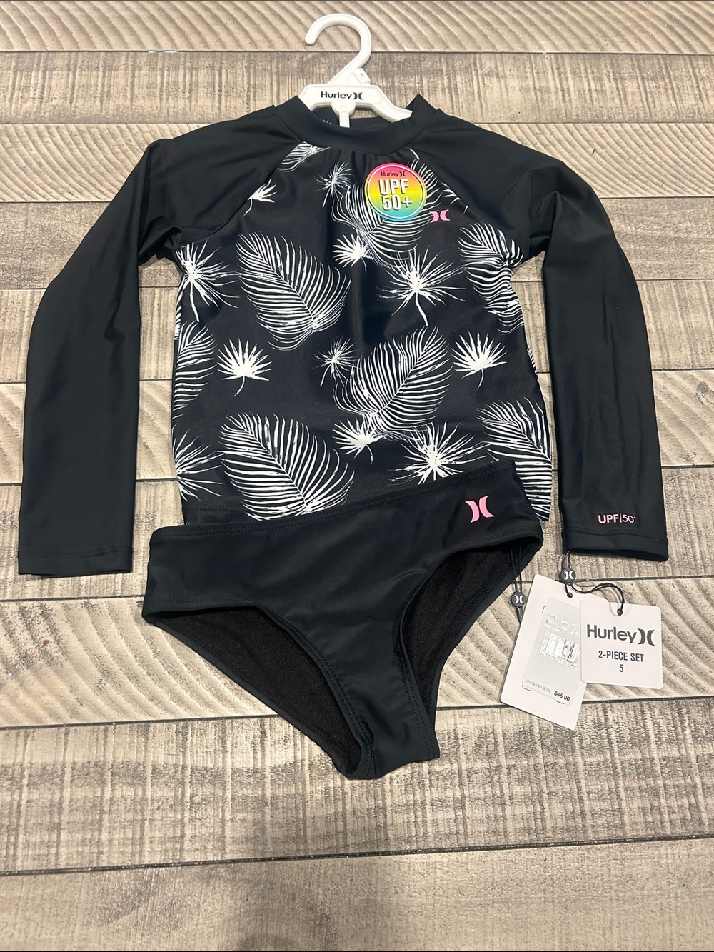 Hurley Black and White Palm-Print Girls Rashguard Set